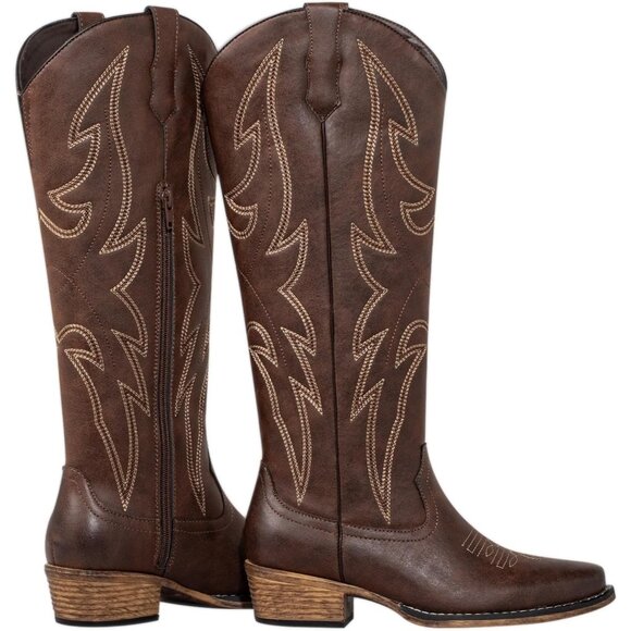 Women's Western Brown Knee High Embroidered Square Toe Cowboy Boots Side Zipper - Picture 5 of 7